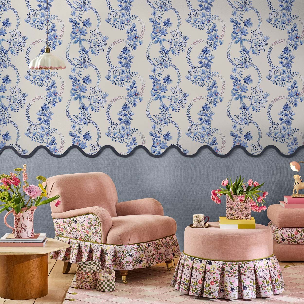 Cath Kidston Road Floral Blue & White Wallpaper