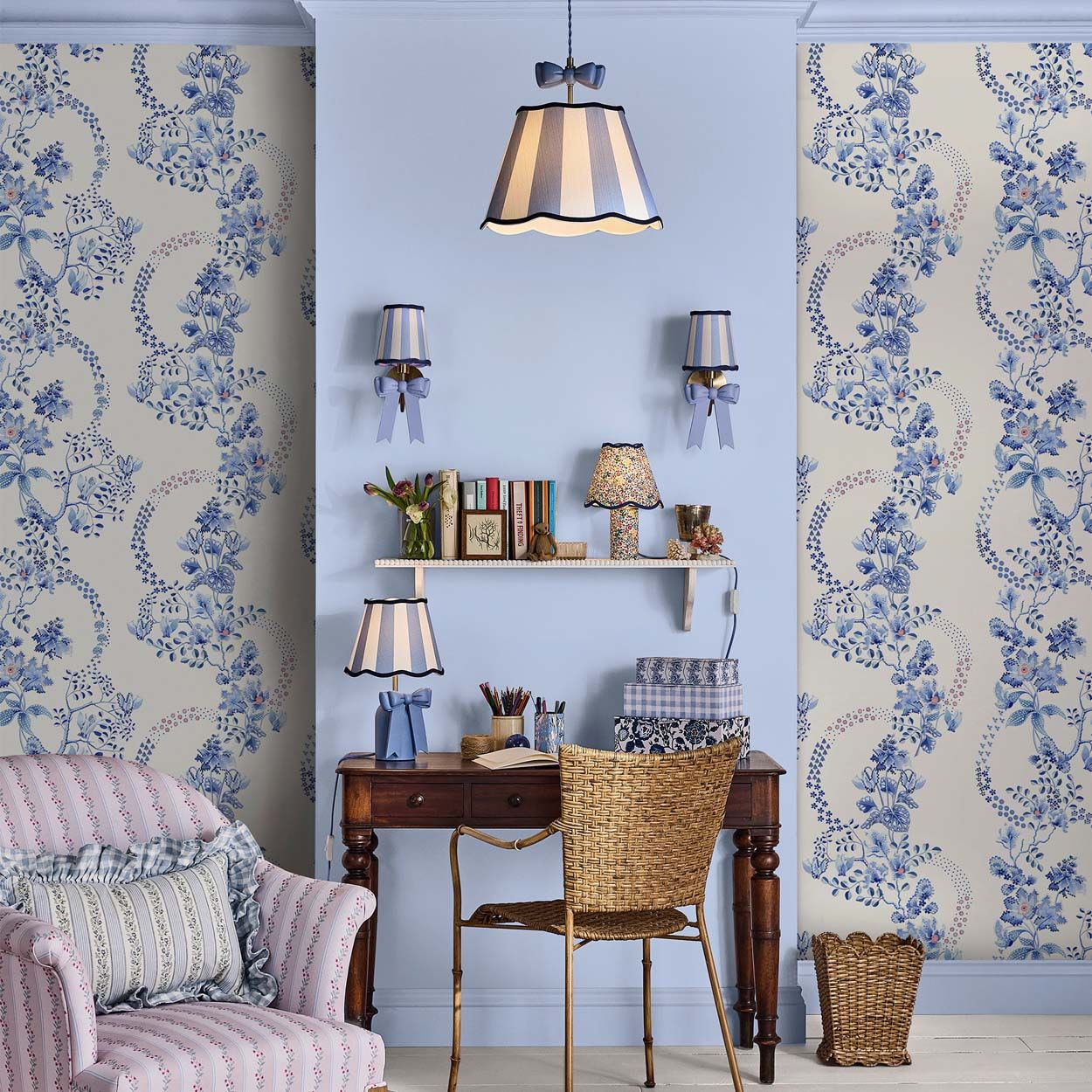 Cath Kidston Road Floral Blue & White Wallpaper