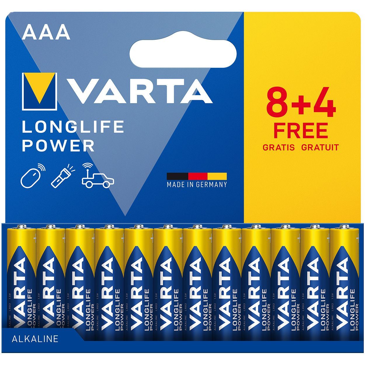 VARTA AAA Longlife Power LR03 Alkaline Batteries pack of 8 plus 4 free