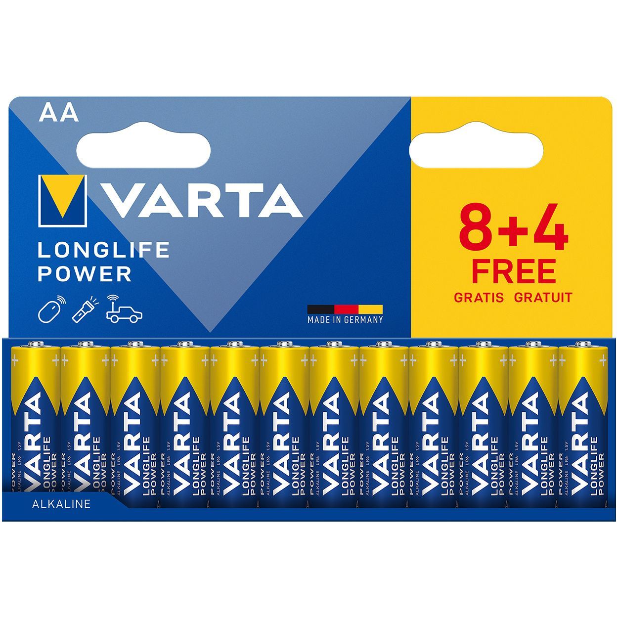 VARTA AA Longlife Power LR6 Alkaline Batteries pack of 8 plus 4 free