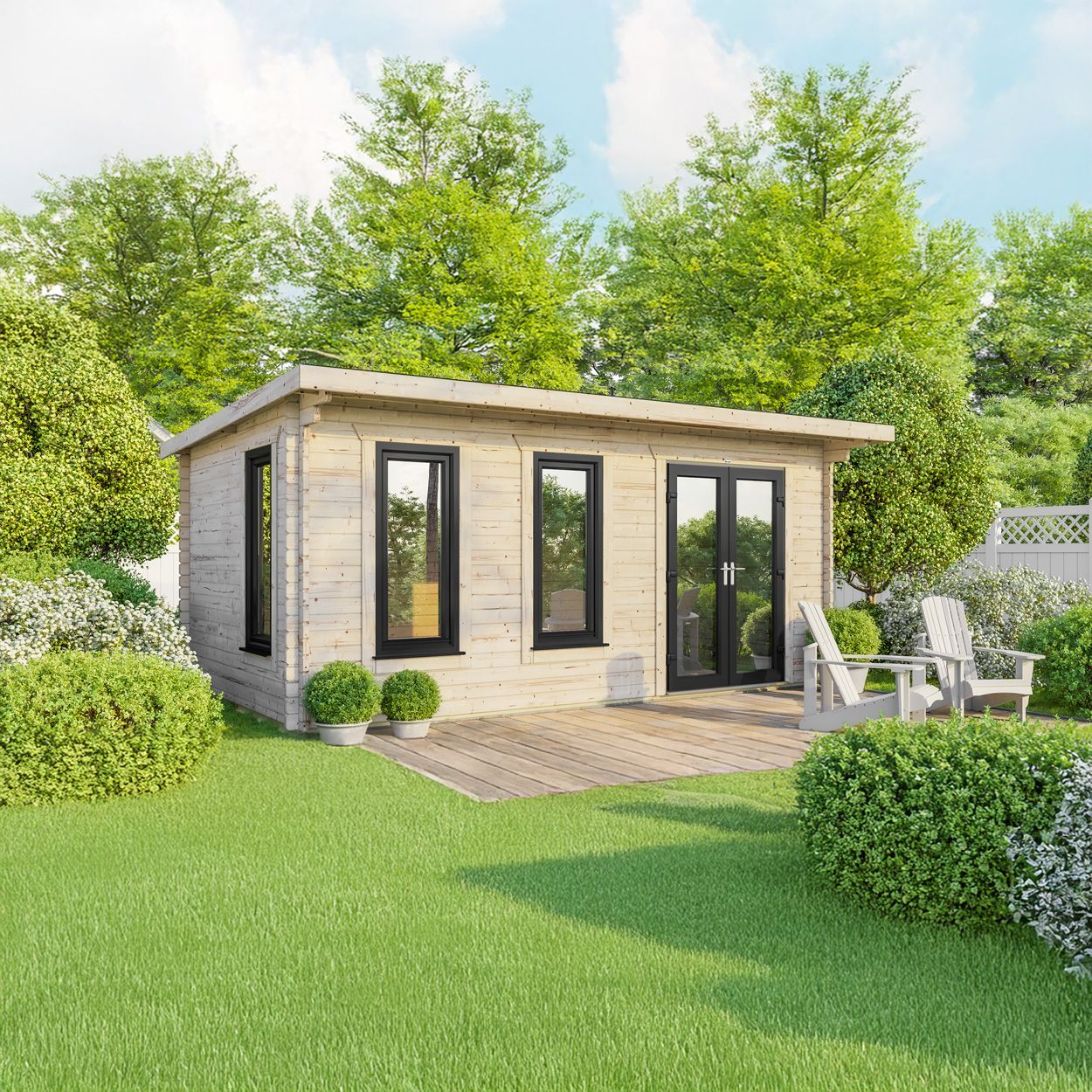 Powersheds Pent Log Cabin - 20ft x 12ft - Doors to Right - 44mm