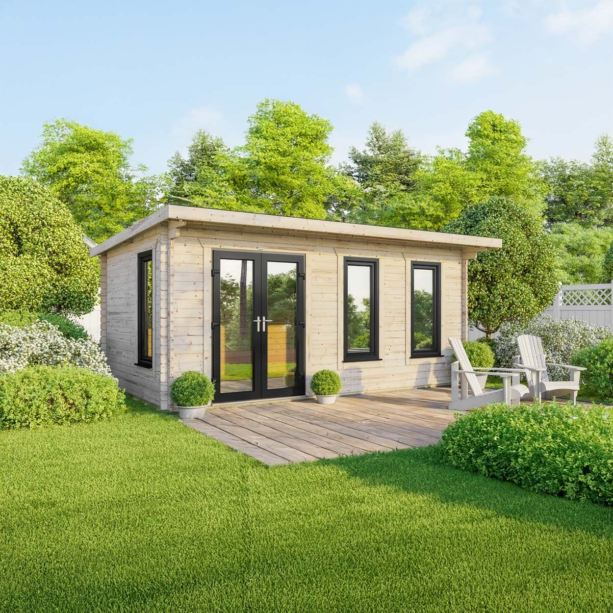 Powersheds Pent Log Cabin - 20ft x 12ft - Doors to Left - 44mm