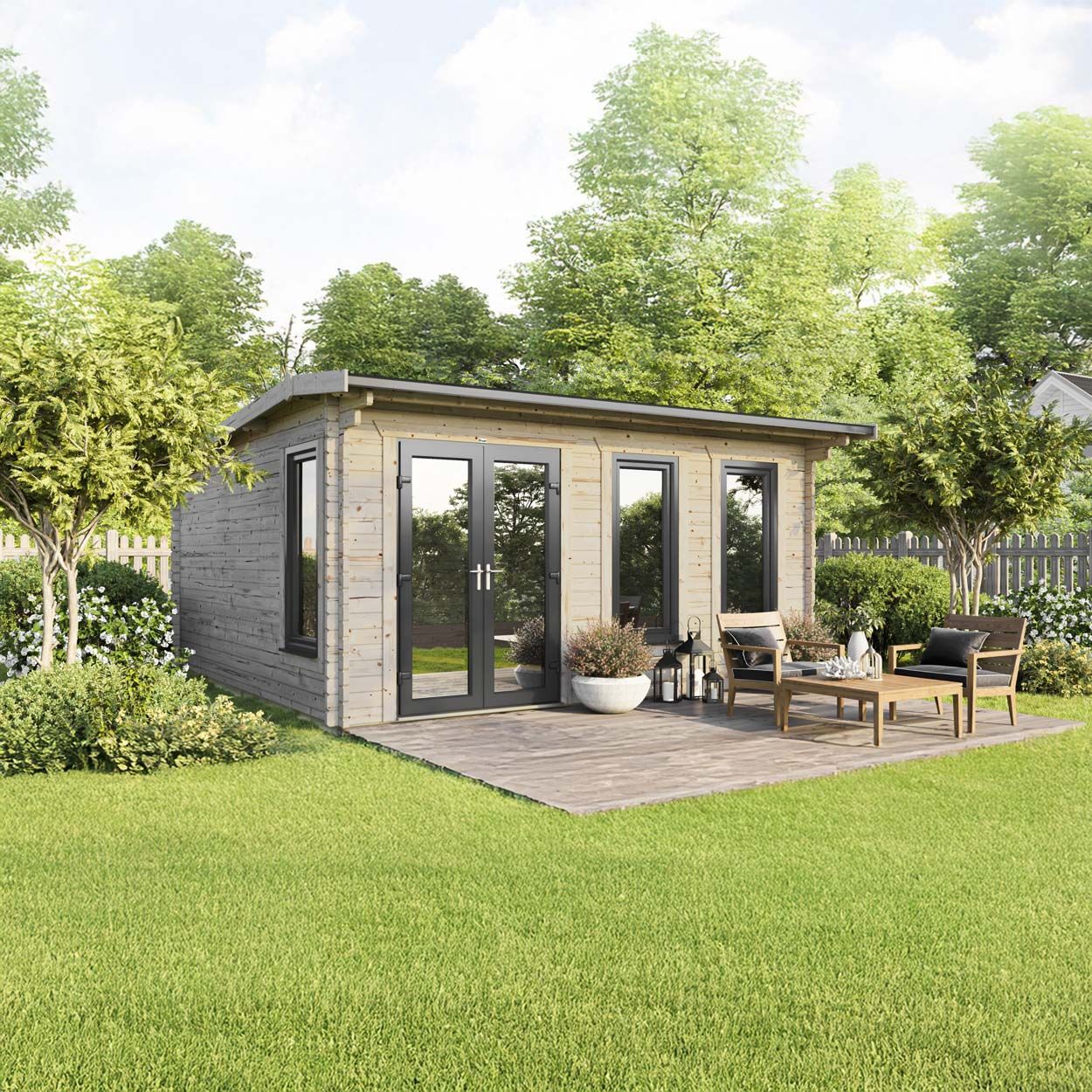 Powersheds Apex Log Cabin - 18ft x 18ft - Doors to Left - 44mm
