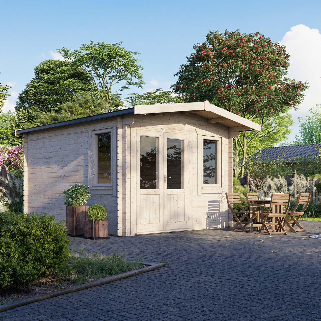 Powersheds Chalet Log Cabin - 14ft x 12ft - Doors to Left - 28mm