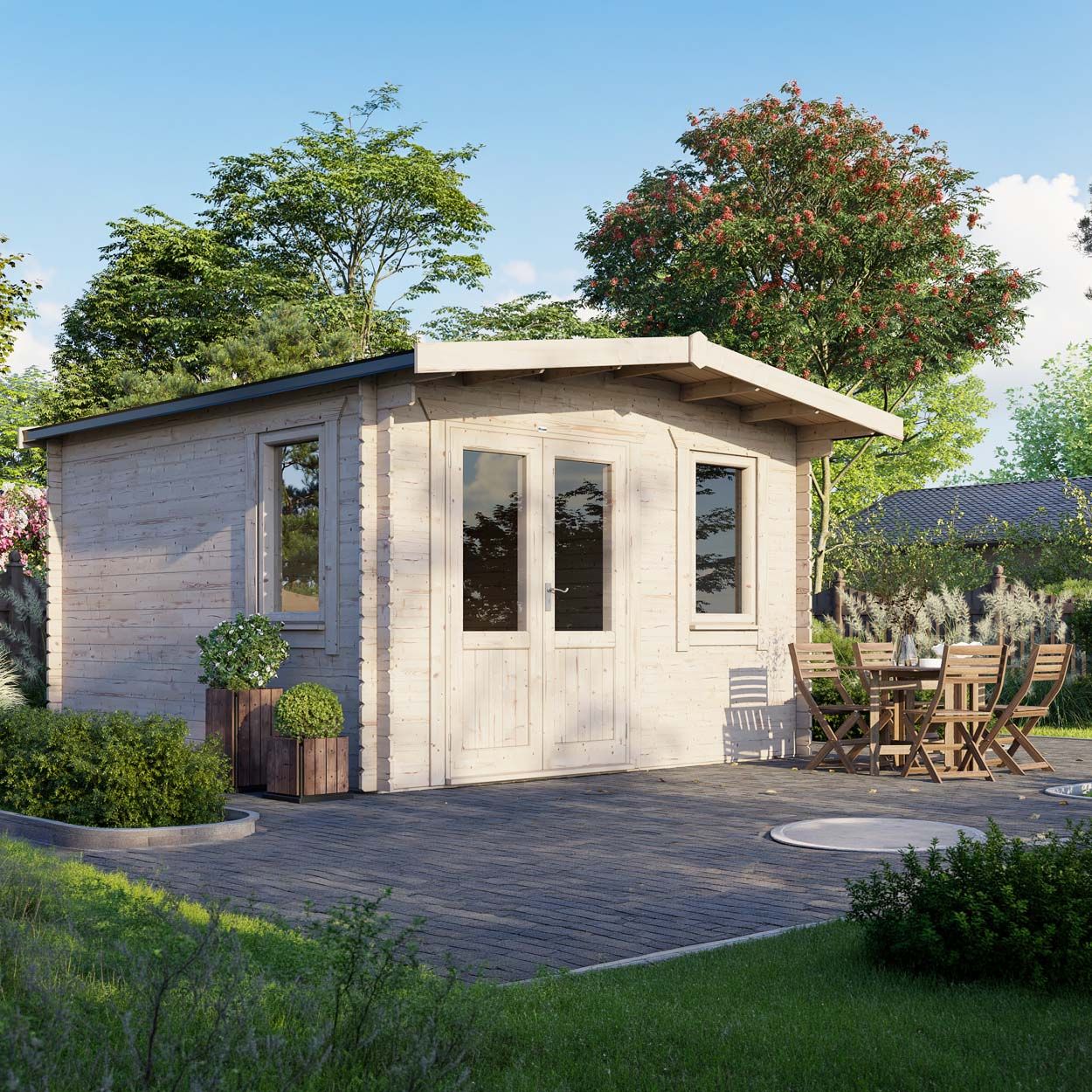 Powersheds Chalet Log Cabin - 14ft x 14ft - Doors to Left - 28mm