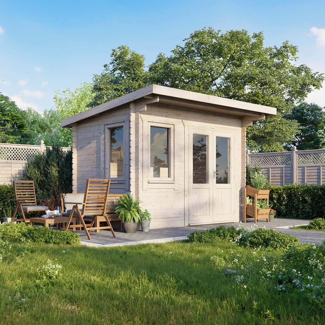Powersheds Pent Log Cabin - 12ft x 8ft - Doors to Right - 28mm