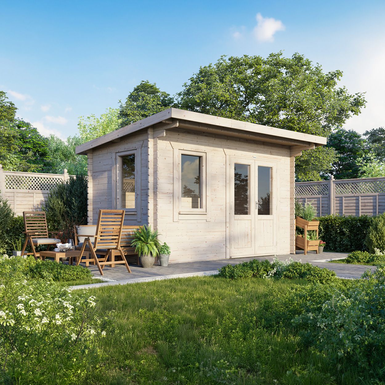 Powersheds Pent Log Cabin - 14ft x 8ft - Doors to Right - 28mm