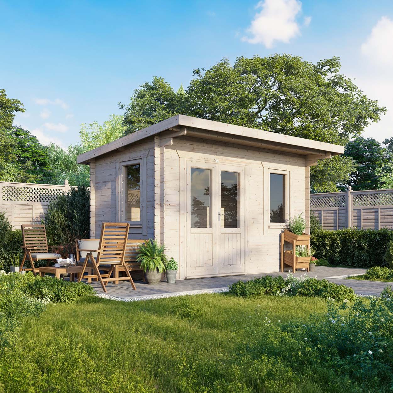 Powersheds Pent Log Cabin - 14ft x 8ft - Doors to Left - 28mm