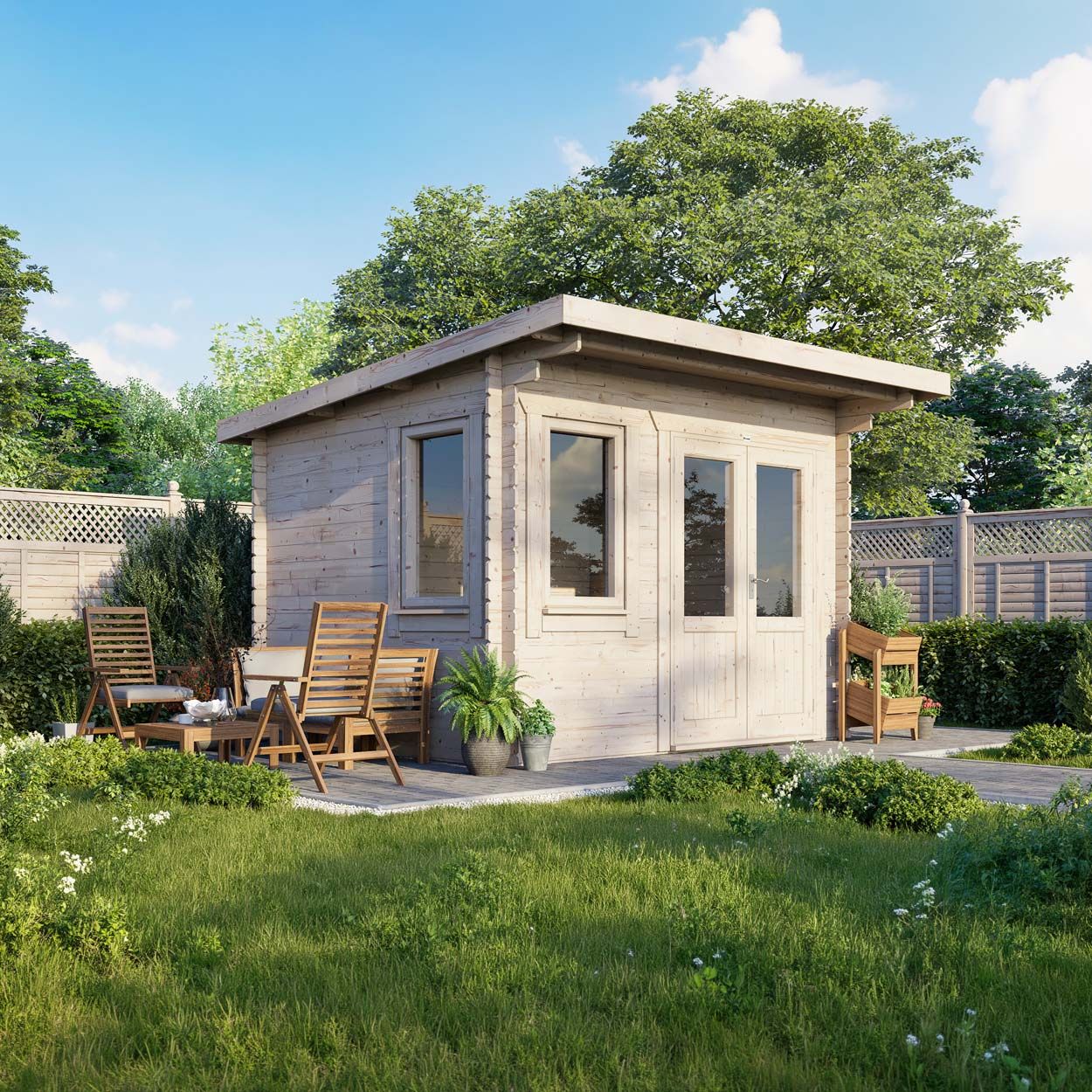 Powersheds Pent Log Cabin - 12ft x 10ft - Doors to Right - 28mm