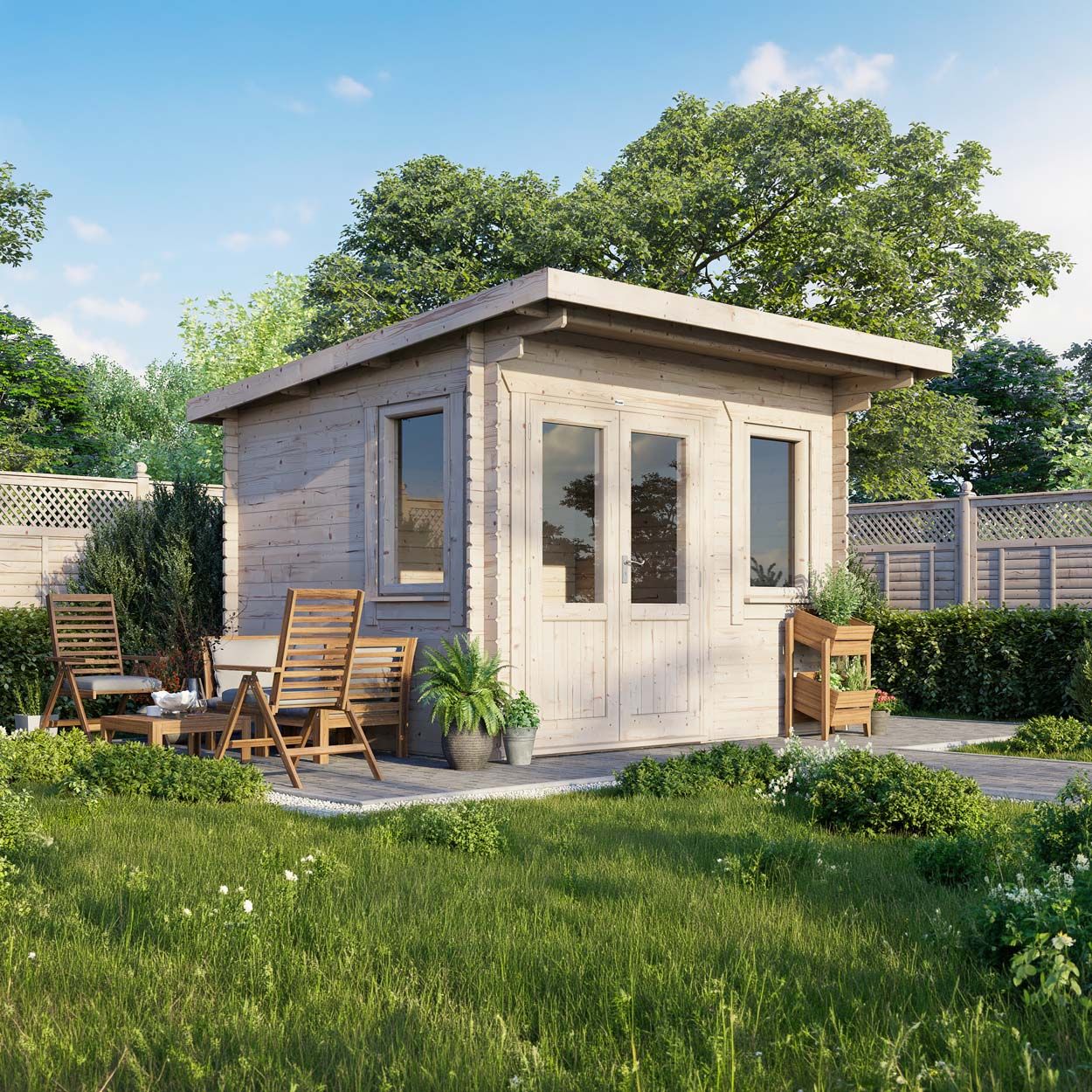 Powersheds Pent Log Cabin - 12ft x 10ft - Doors to Left - 28mm