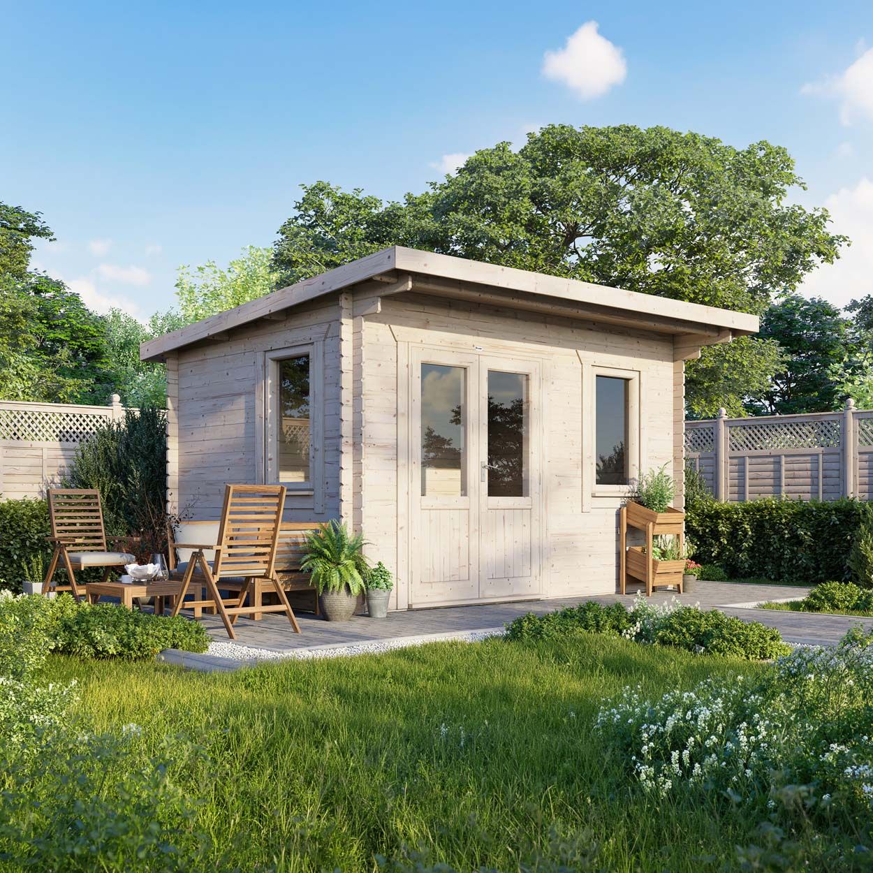 Powersheds Pent Log Cabin - 14ft x 10ft - Doors to Left - 28mm
