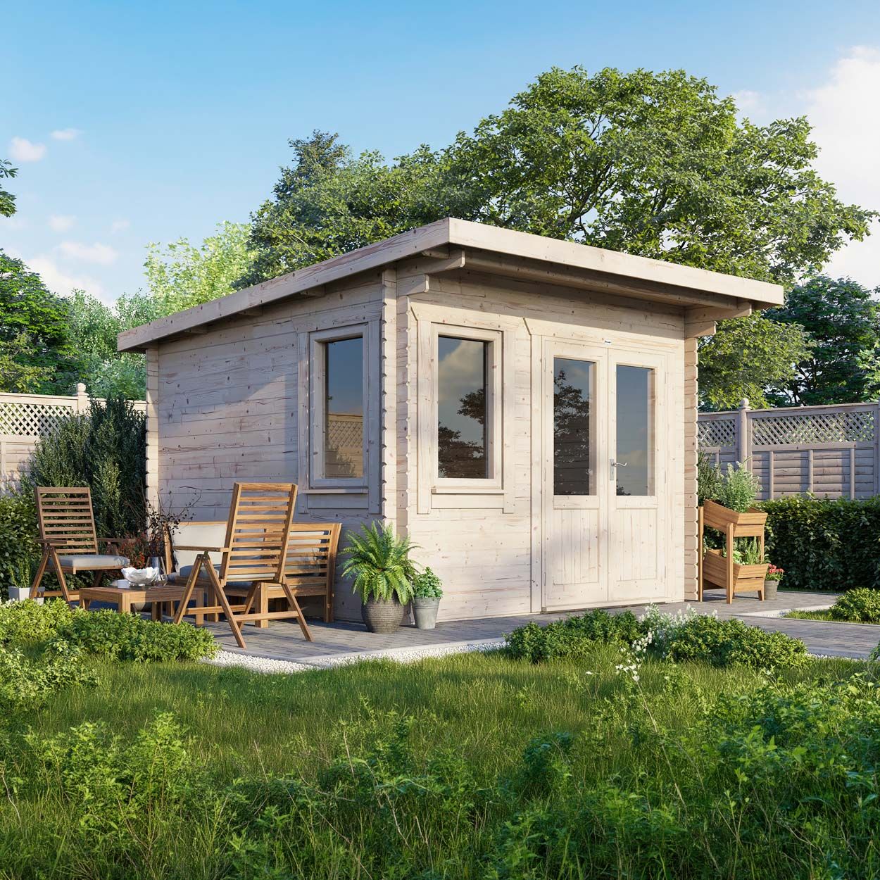 Powersheds Pent Log Cabin - 12ft x 12ft - Doors to Right - 28mm