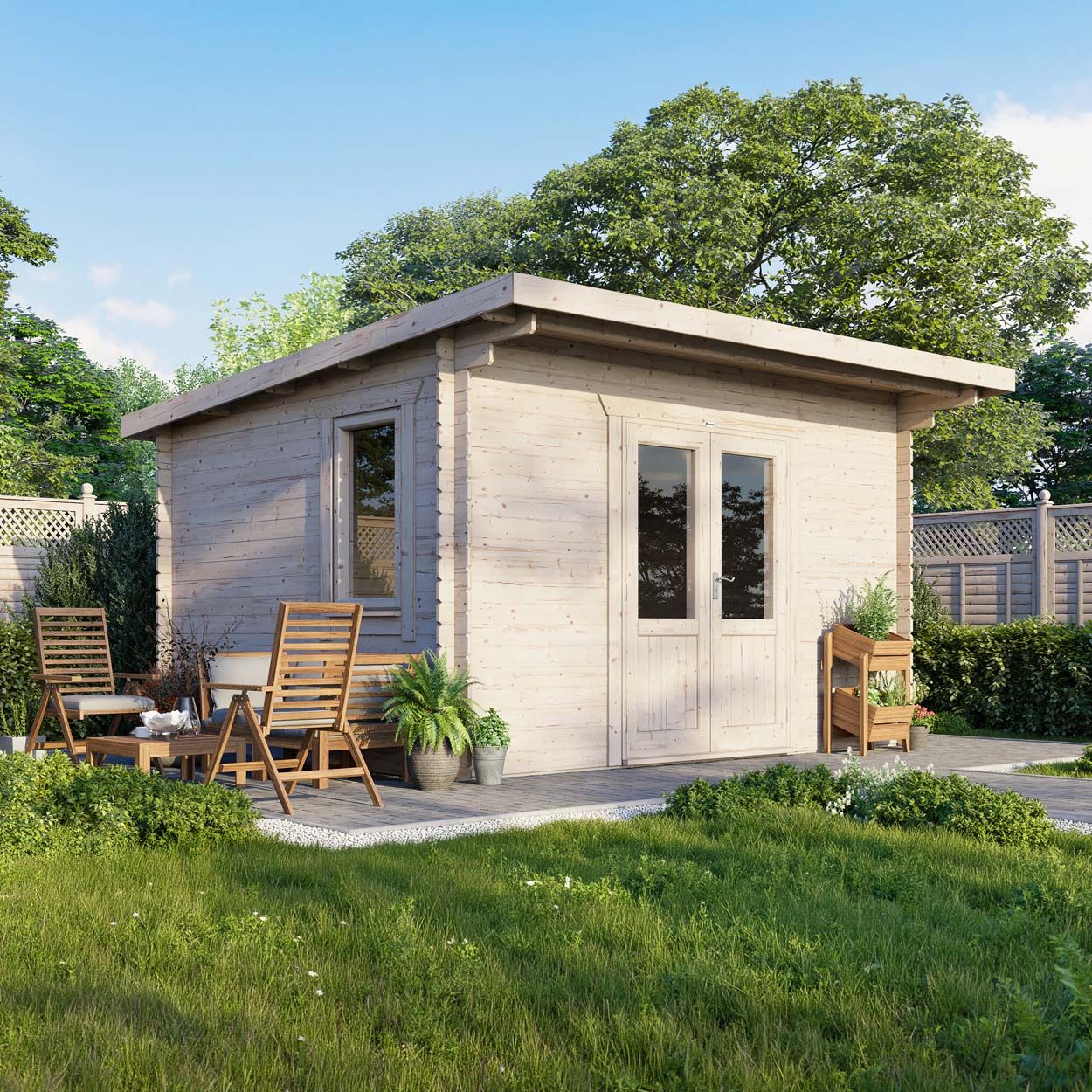 Powersheds Pent Log Cabin - 14ft x 12ft - Doors Central - 28mm