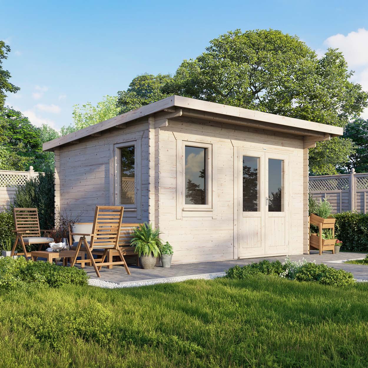 Powersheds Pent Log Cabin - 14ft x 12ft - Doors to Right - 28mm
