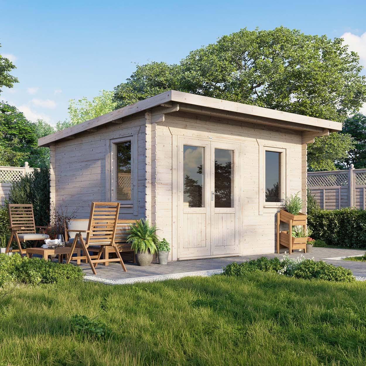 Powersheds Pent Log Cabin - 14ft x 12ft - Doors to Left - 28mm