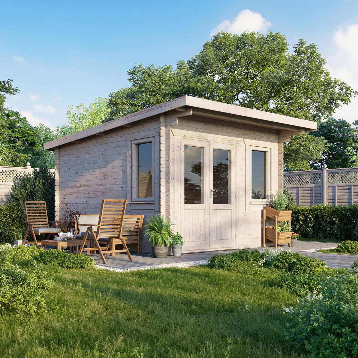 Powersheds Pent Log Cabin - 12ft x 14ft - Doors to Left - 28mm