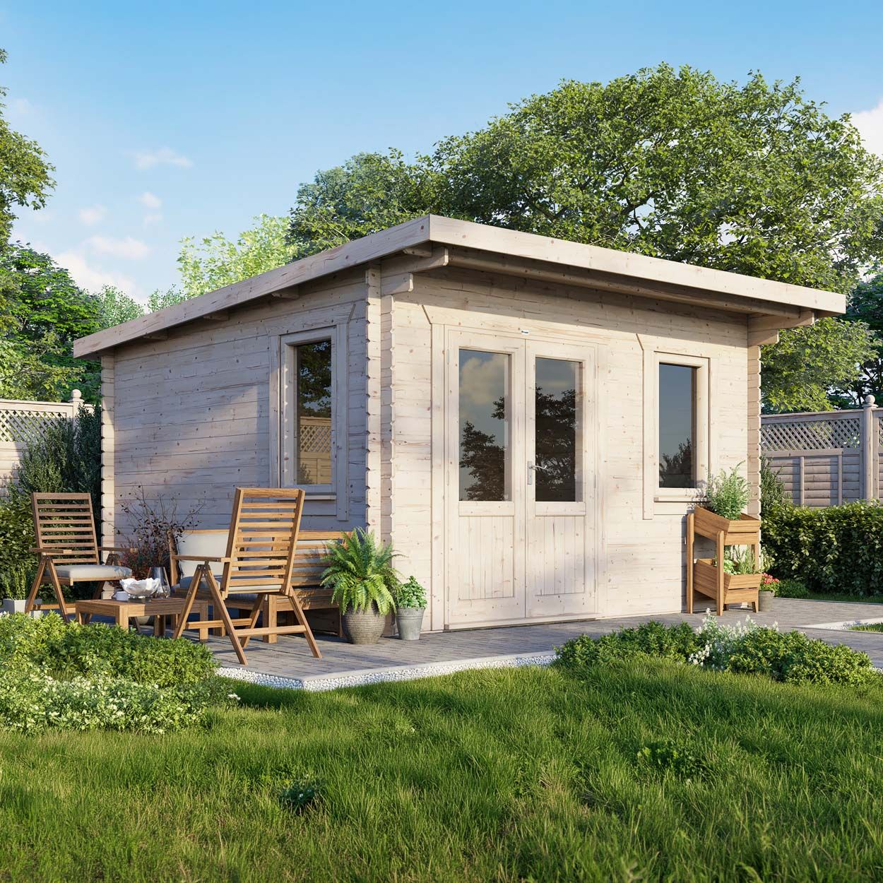 Powersheds Pent Log Cabin - 14ft x 14ft - Doors to Left - 28mm