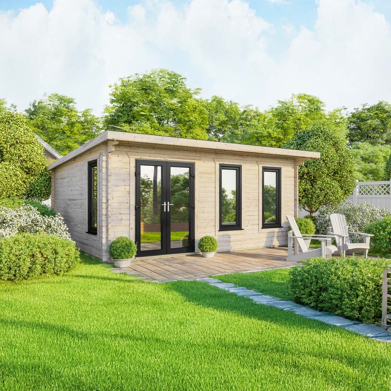 Powersheds Pent Log Cabin - 20ft x 18ft - Doors to Left - 44mm