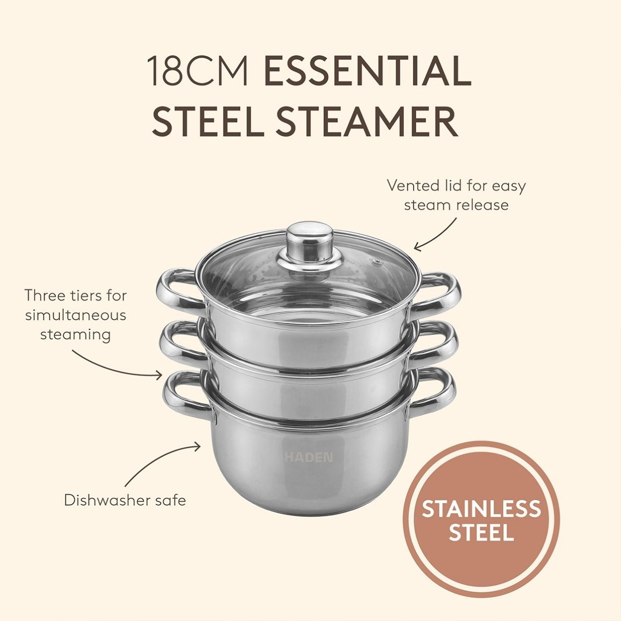 Sabichi 18Cm Ss 3 Tier Steamer With Glass Lid