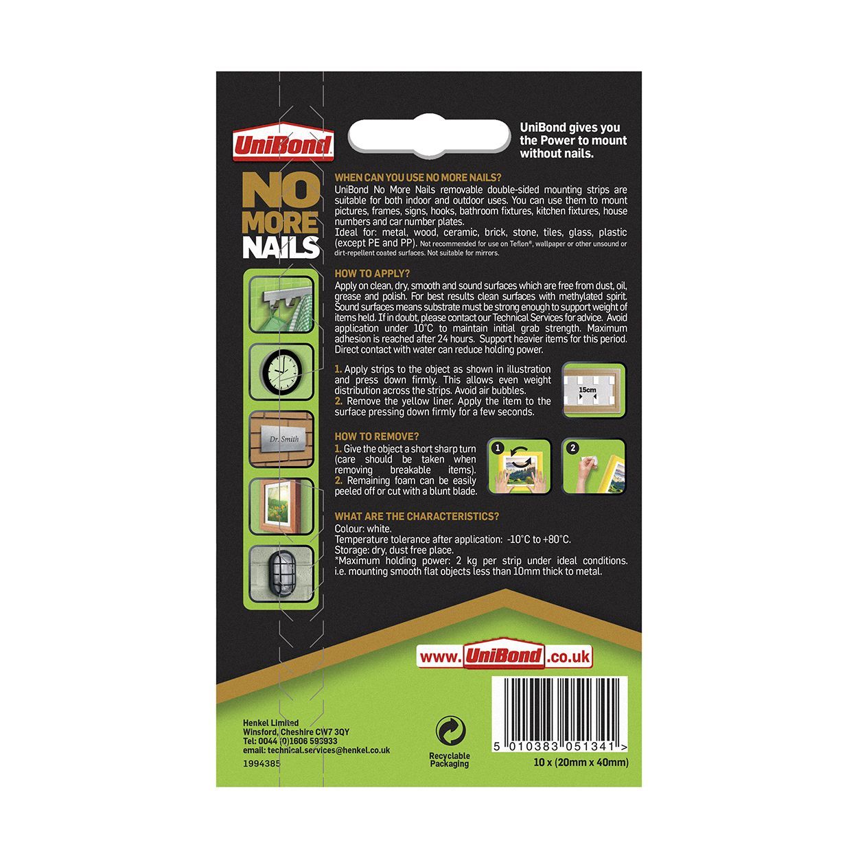 UniBond No More Nails Indoor Removable Mounting Tape Strips x10