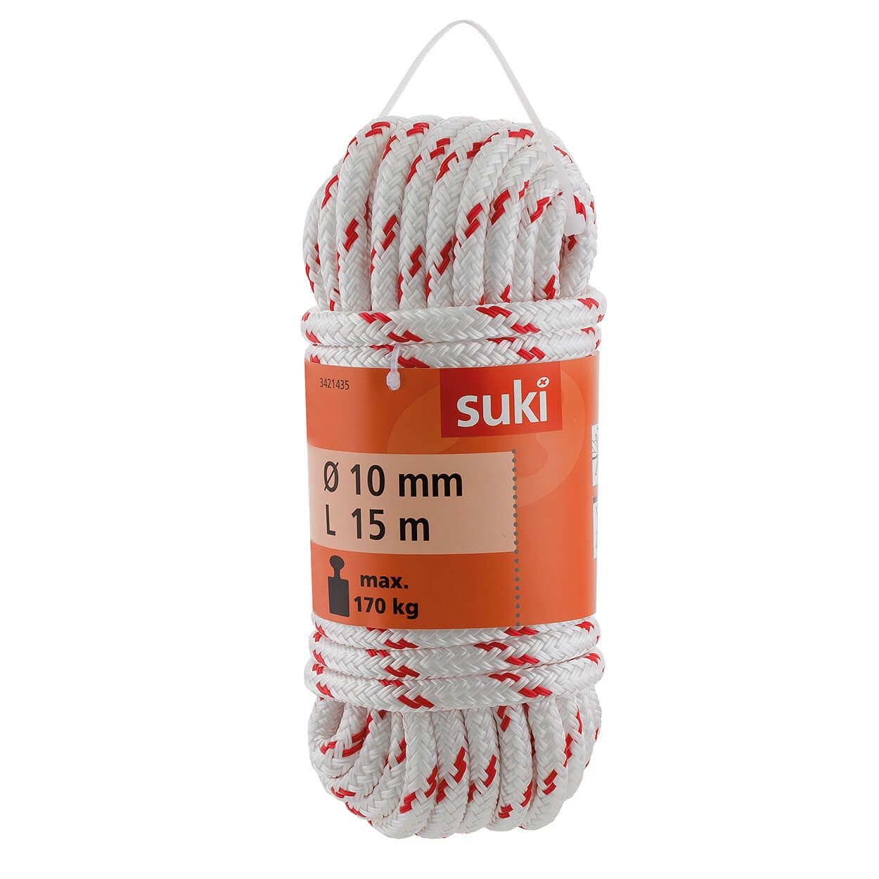 Pp Rope Double Braided, White/Red 10Mm, 15M