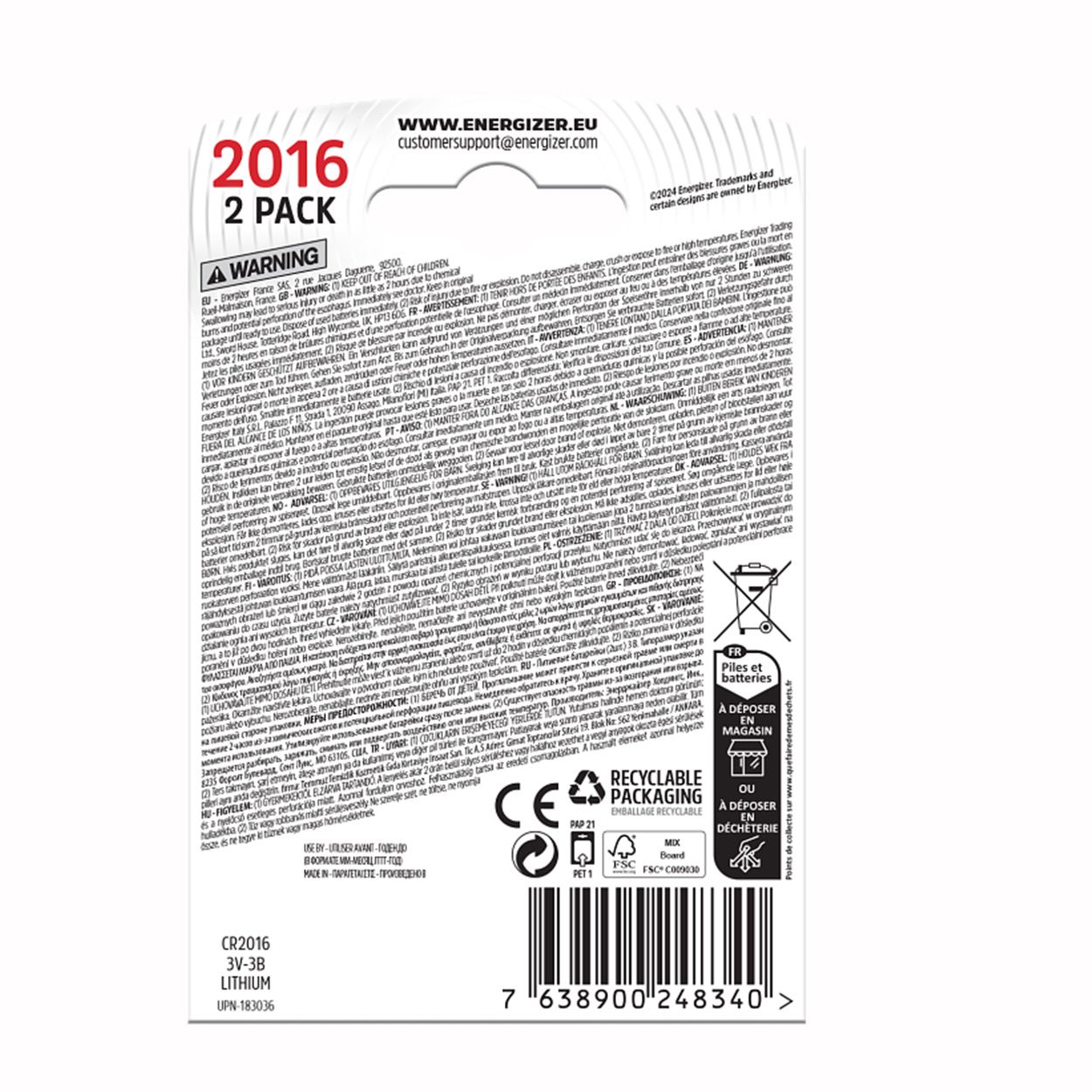 Energizer CR2016 Coin Lithium Battery - 2 Pack