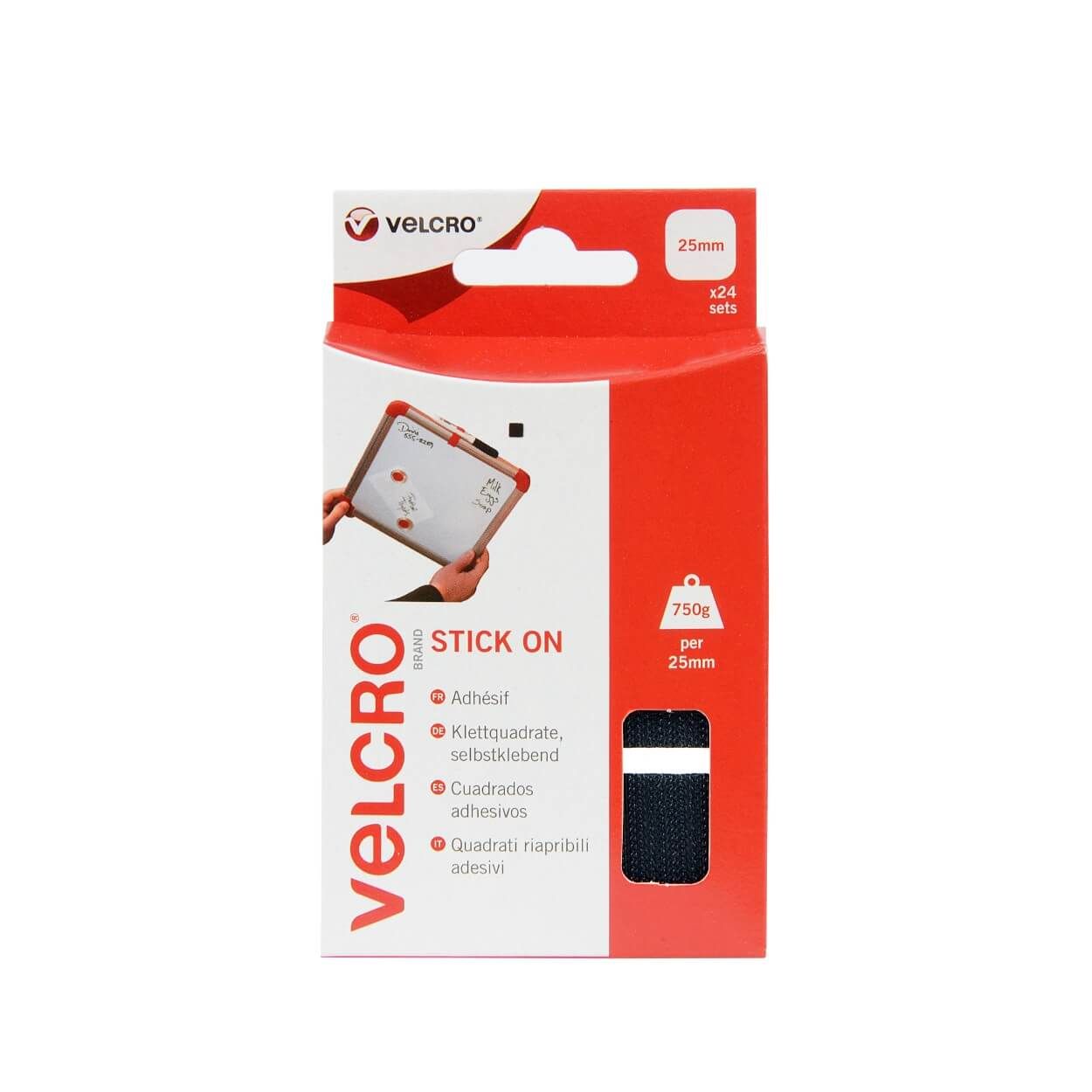 VELCROBrand Stick On Squares, 25mm - Pack of 24, Black