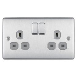BG Brushed Steel Socket - 13A 2 Gang Double Pole