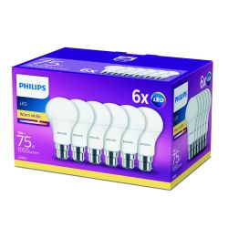 Philips LED A60 11W (75W) B22 Bulb Warm White Frosted Non Dimmable 6PK