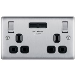 BG Nexus Brushed Steel 13A Double Switched Socket with 2 x USB A