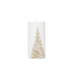 Cylinder Candle With Gold Christmas Tree 15cm White