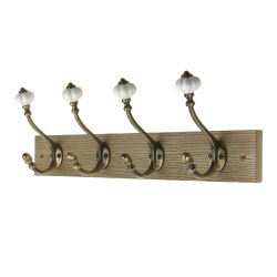 4 Ceramic Antique Brass Hooks on Dark Rustic Board