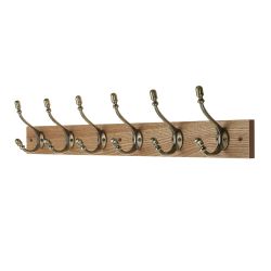 6 Decorative Antique Brass Hooks on Light Rustic Board 
