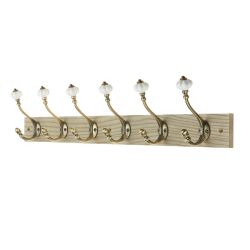 6 Ceramic Antique Brass Hooks on Dark Rustic Board
