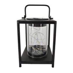Small Black Metal Solar-Powered Firefly Lantern With Handle