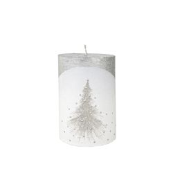 Christmas Candle White Silver Tree Cylinder 10Cm