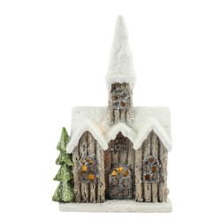 Christmas Snowy Church with Tree Battery operated LED light 22cm Brown