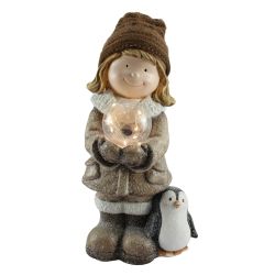 Child with Lighted Ball & Penguin 45cm Brown