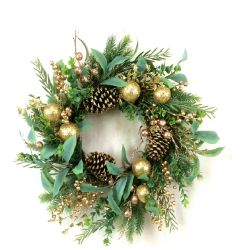 Gold Bauble and Pinecone Wreath 55cm
