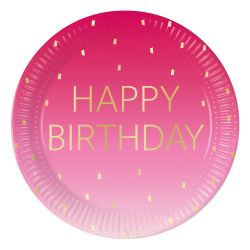 Pink & Gold Happy Birthday Party Plates 8 Pack