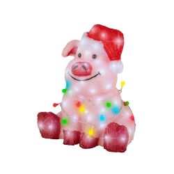 Acrylic Pig with Lights And Hat Cool White Led 41cm