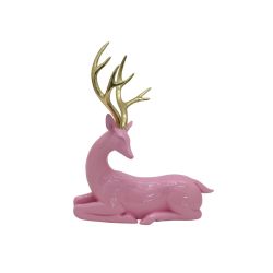 Sitting Deer Gold Antlers 26cm Pink
