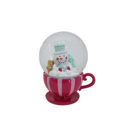 Tea Cup Snowman Water Globe 14cm Pink