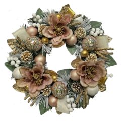 Pink Wreath With Gold Decorations 58cm