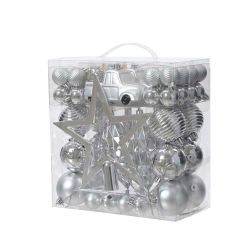 Shatterproof Baubles & Topper Silver 67Pack