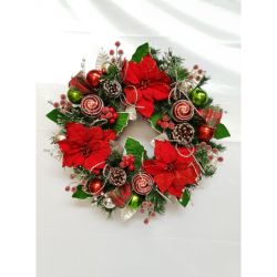 Red & Silver Poinsettia Wreath 54Cm
