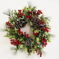 Red Berry Wreath With Pinecones 55Cm