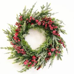 Frosted Wreath With Red Berries 60Cm