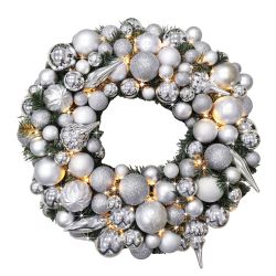 Bauble Wreath With Led Lights Silver 50cm