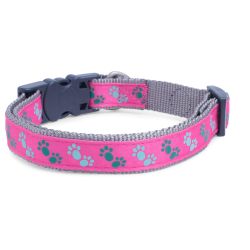 CERISE/GREY PAWS DOG COLLAR LARGE